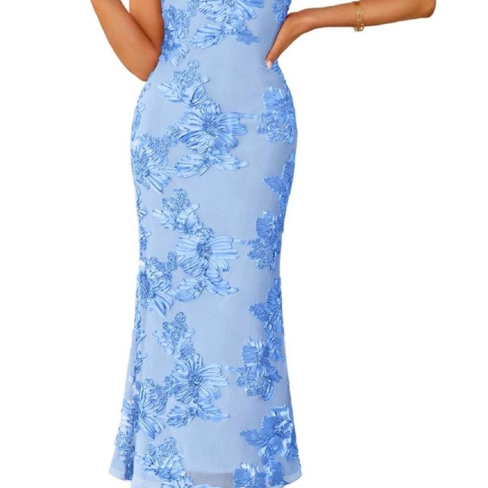 ZESICA Womens Blue 3D Floral Strapless Mesh Bodycon Midi Dress Medium NWT